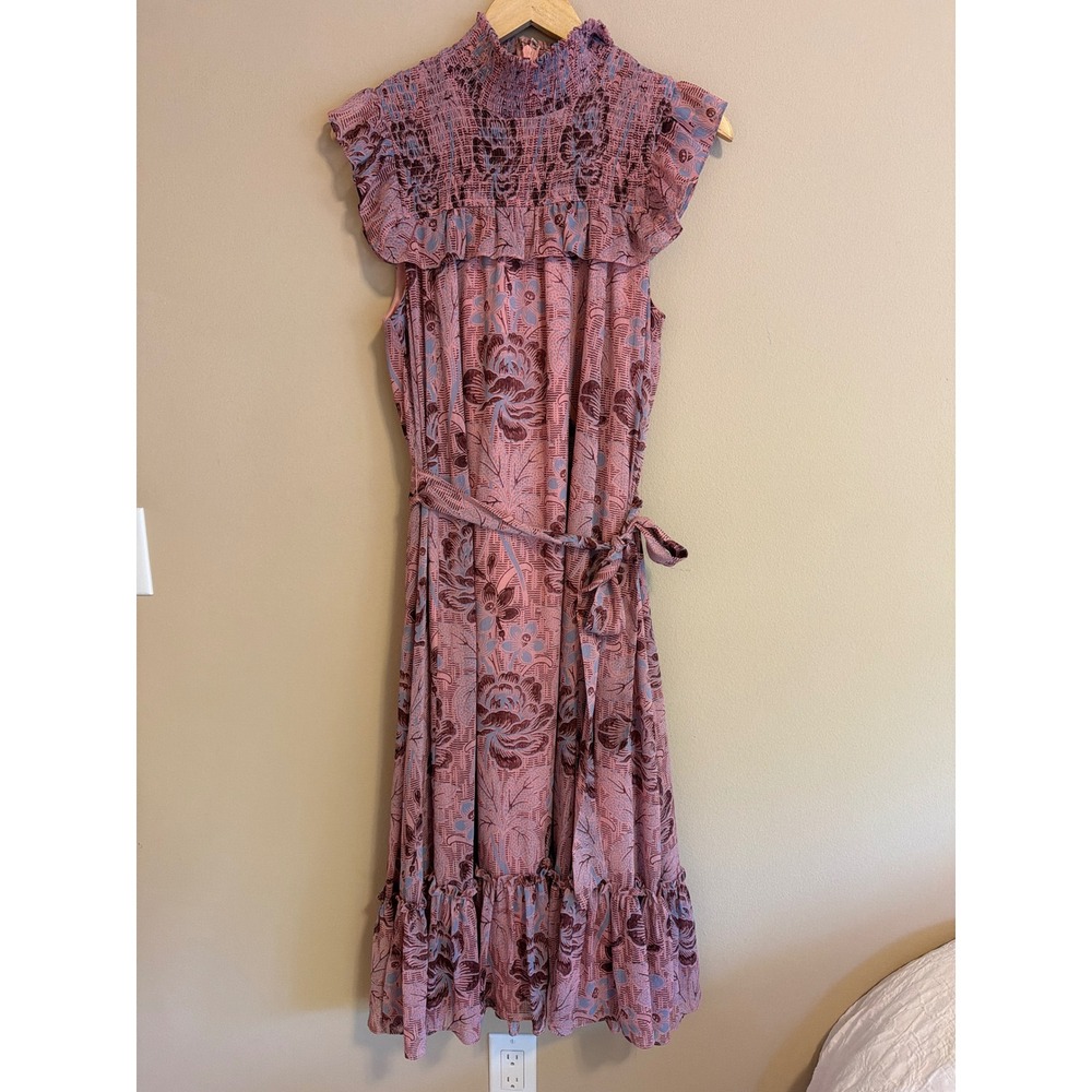 Likely Pink Floral Smocked High Neck Ruffle Midi Levine Dress Size 8 - Picture 2 of 9